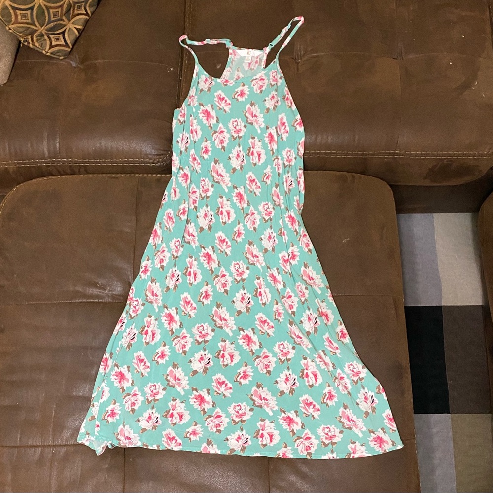 Cute strappy summer dress. Halter back, beautiful teal color with pink flowers.